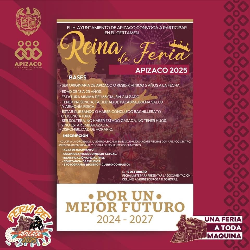 Convoca gobierno de Apizaco a participar en certamen de la Reina de la Feria 2025